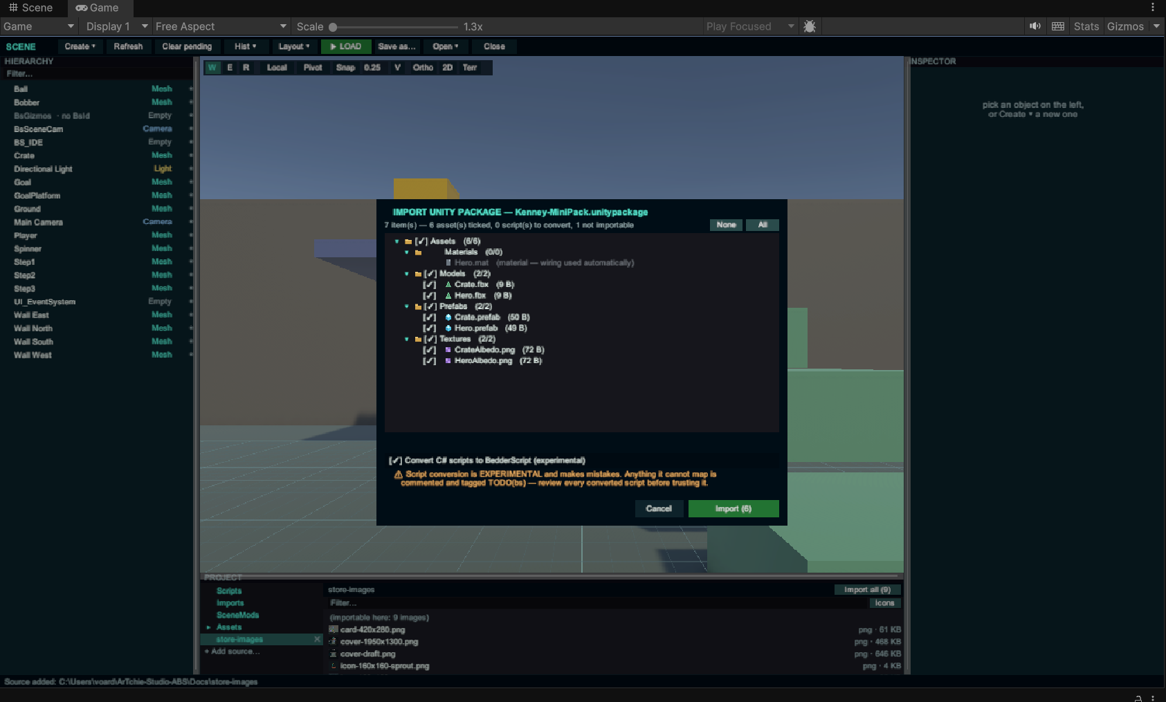 The package import dialog