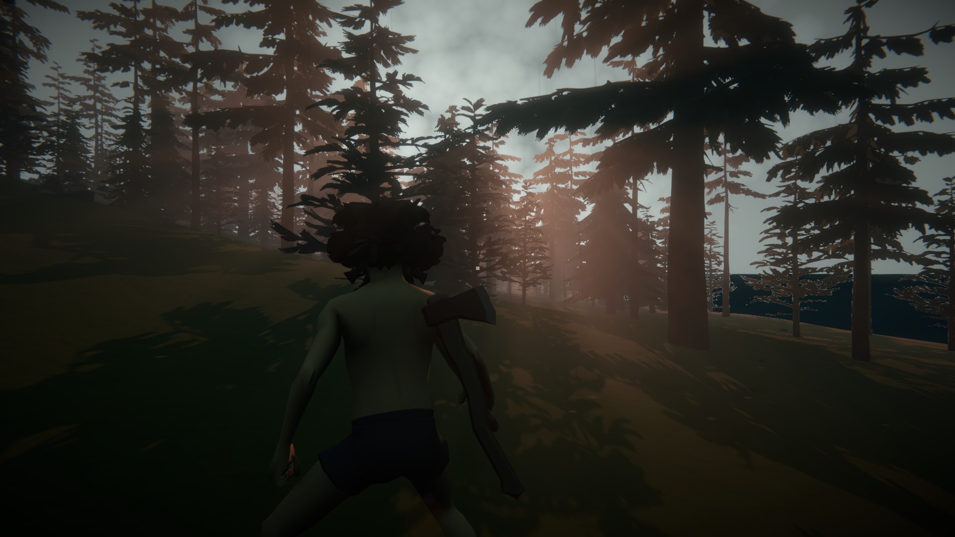 A survivor with an axe among pine trees, with sunlight falling through the forest mist.