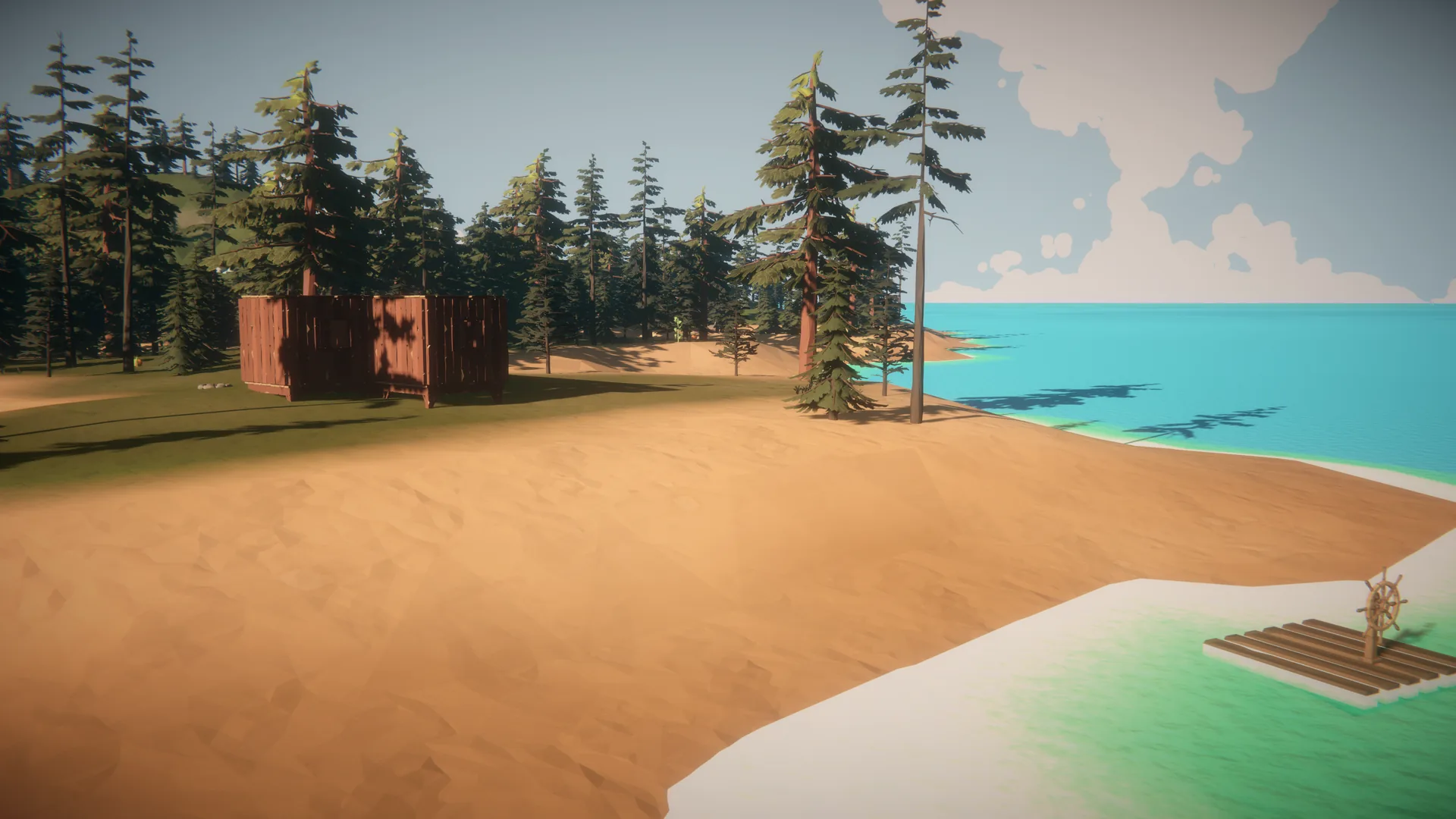 A small wooden home among the pines, with a raft waiting on the beach below.